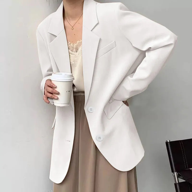Mid Length Blazer Jacket Women Solid Long Sleeve Pocket Lapel Single Beasted Formal Coat Outerwear Loose Work Casual Blazers