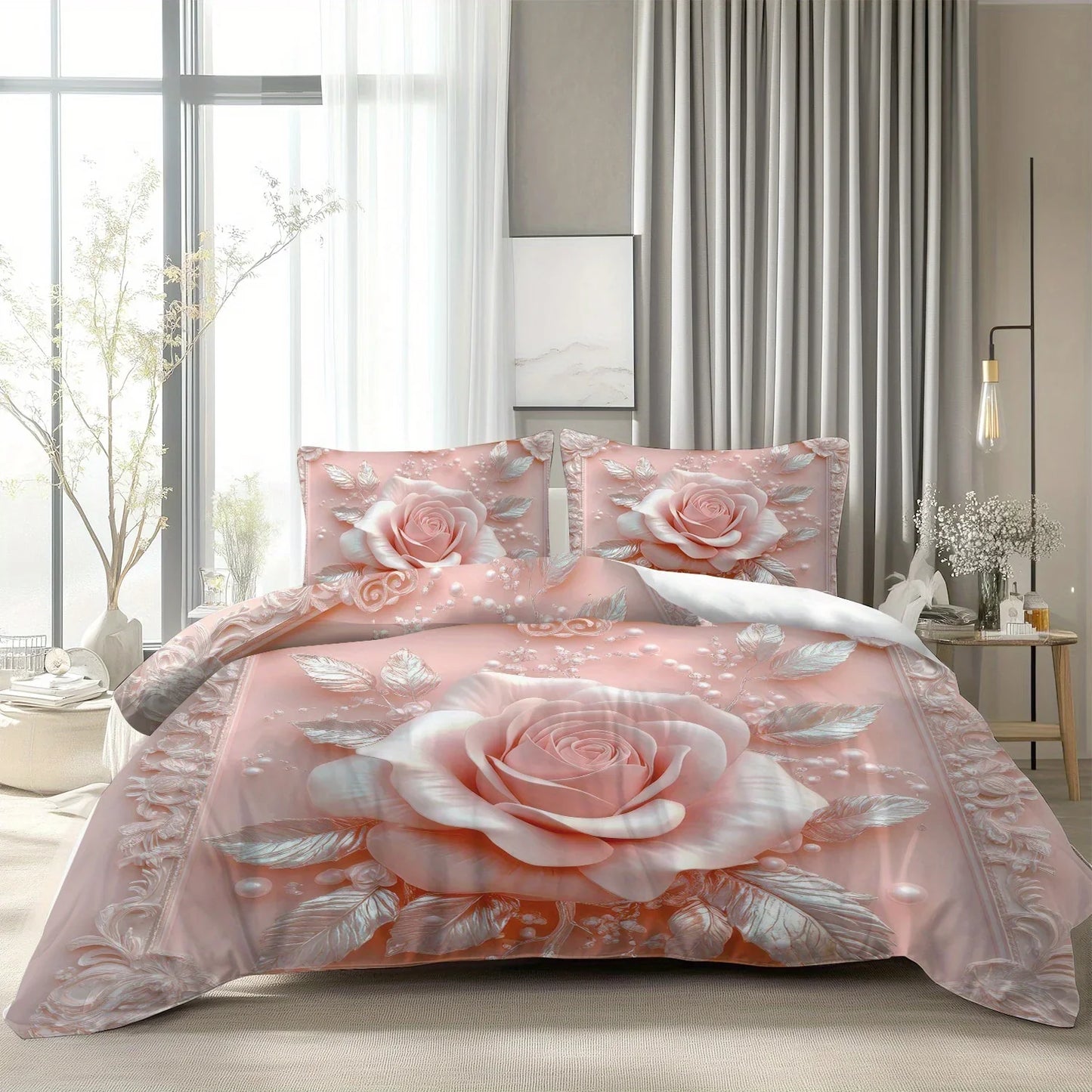Latacaca 2/3Pcs Pink Rose Duvet Cover Set, Soft Comfortable Floral Bedding with Pillowcases, Machine Washable Queen King Size