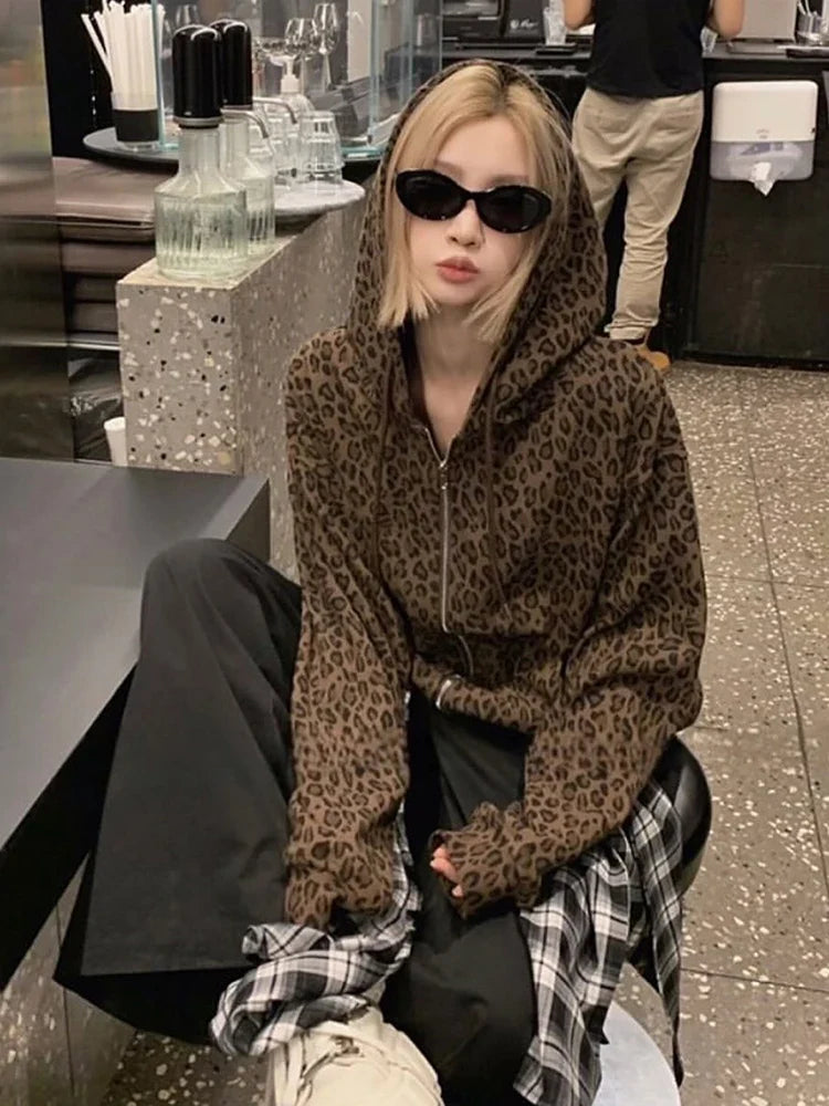 Y2K Leopard Print Hooded Jacket Women Full Zip Drawstring Hood Long Sleeve Loose Fit Streetwear Street Club Ladies Outerwear
