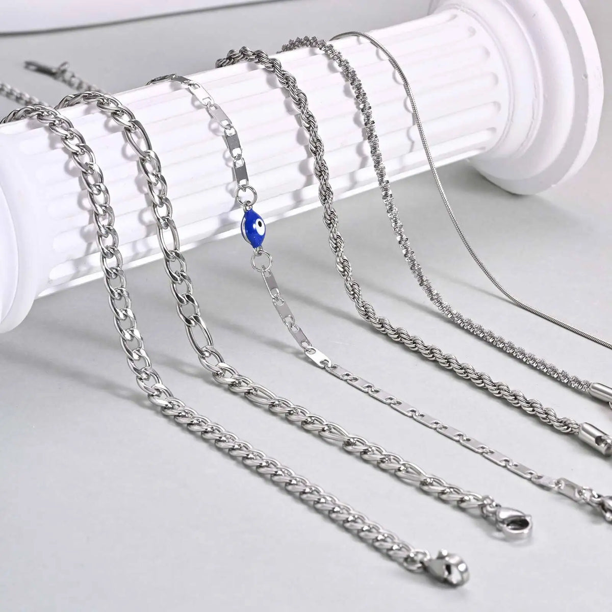 Silver Color Anklet Bracelets for Women Waterproof, Stainless Steel Layered Cuban Chain Herringbone Anklets Summer Beach Gift