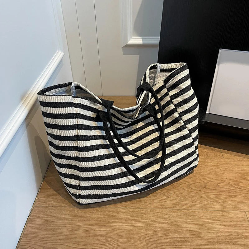 Casual Striped Canvas Bag for Women | Large Capacity Shoulder Bag & Daily Shopping Tote (Student Bookbag for School, Travel, Beach)