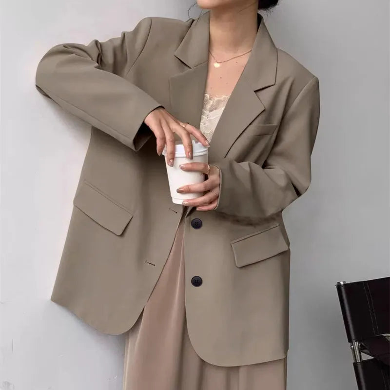 Mid Length Blazer Jacket Women Solid Long Sleeve Pocket Lapel Single Beasted Formal Coat Outerwear Loose Work Casual Blazers