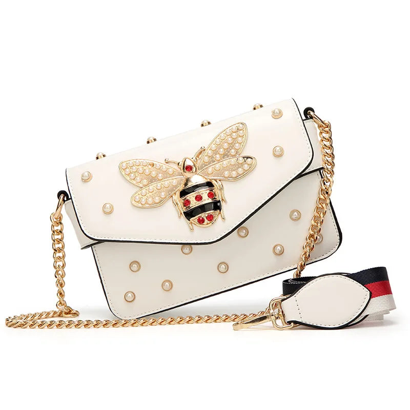 Women's Pearl and Bee Shoulder Handbag | PU Crossbody Bag with Chain