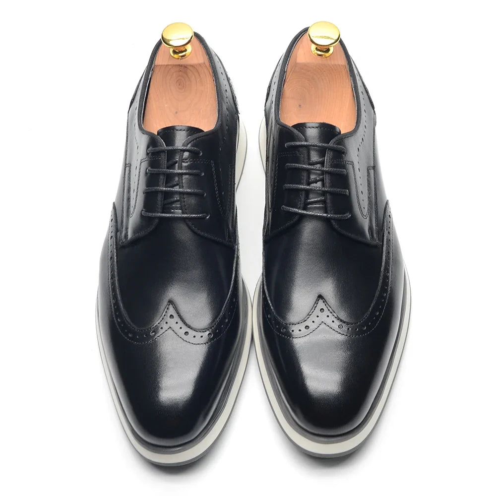 Men's Natural Cowhide Genuine Leather Derby Dress Shoes | Brogue Wingtip Flat Shoes (Black, Wine Red)