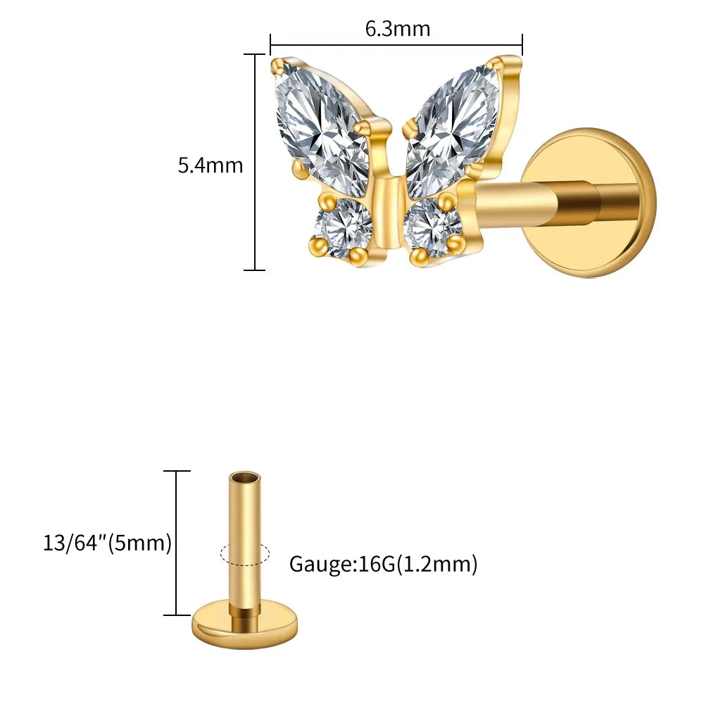 Right Grand ASTM F136 Titanium 16G Mini Butterfly CZ Labret Tragus Cartilage Conch Forward Helix Stud Nose Piercing Body Jewelry