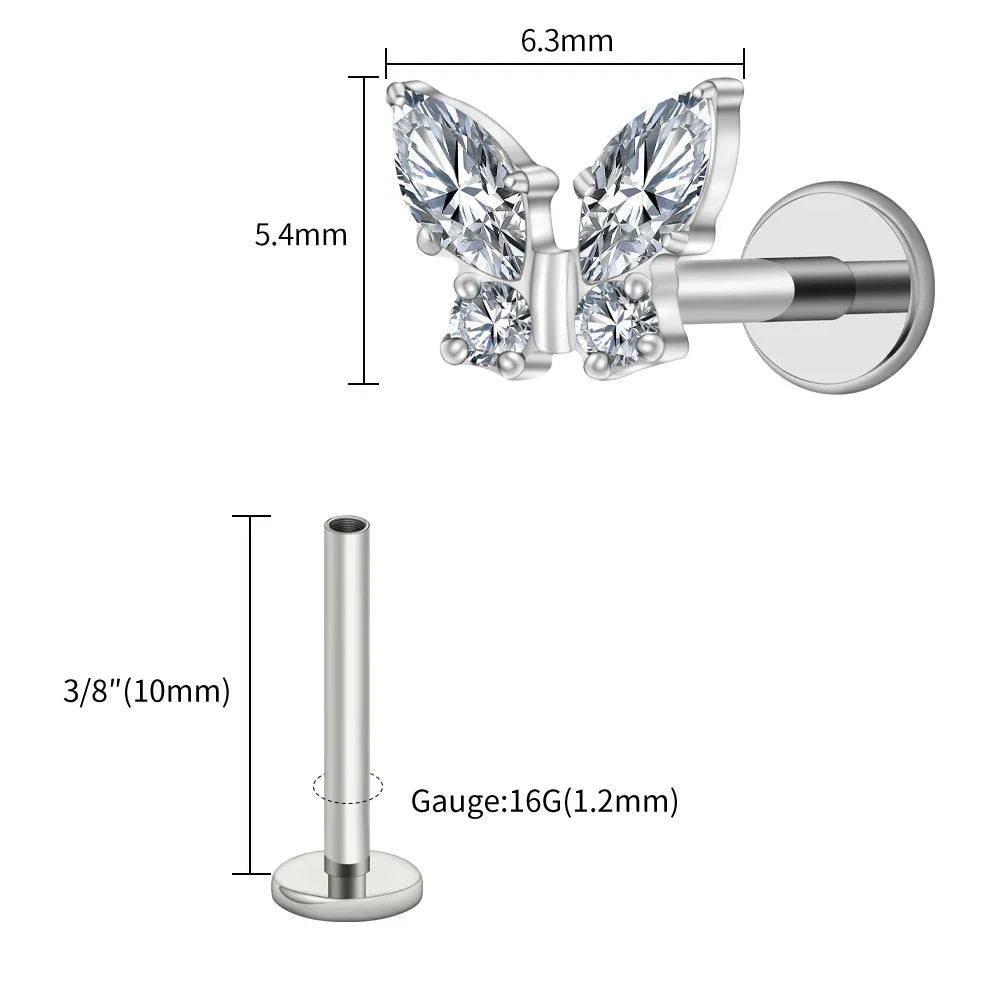 Right Grand ASTM F136 Titanium 16G Mini Butterfly CZ Labret Tragus Cartilage Conch Forward Helix Stud Nose Piercing Body Jewelry