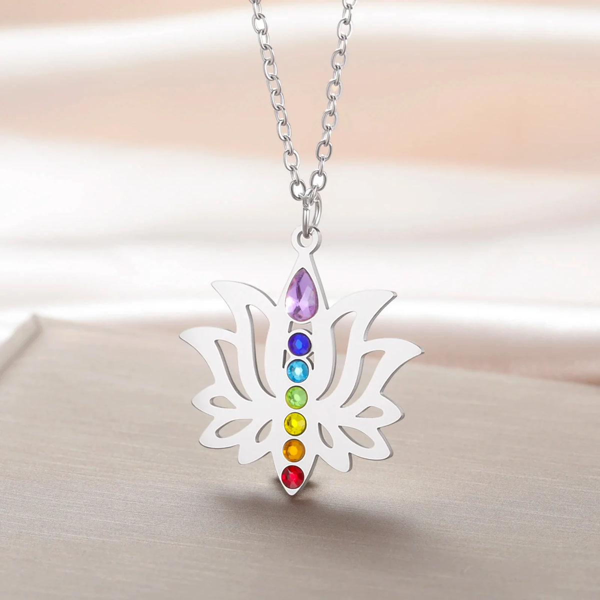Gold Plated 7 Chakra Lotus Flower Necklace with Om Symbol Spiritual Yoga Jewelry Seven Colorful Zircon Lotus Flower Necklace