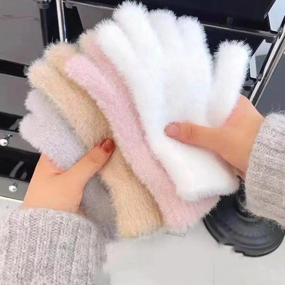 Winter Gloves Mink Velvet Five Finger Gloves Plush Warm Cold-proof Gloves Women Outdoors Cycling Solid Color Mittens
