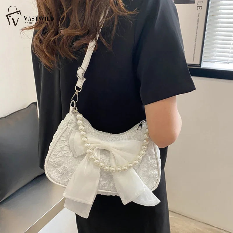 White Folds Pop Retro Bow Bag | Female Pearl Handle New Fashion Pearl Armpit Shoulder & Crossbody Bag