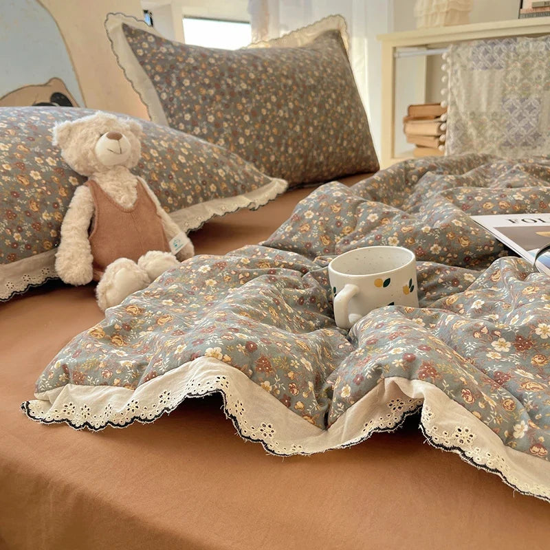 Summer Quilt Korean Style Duvet with Lace Single/Queen Size Comforter Flower Printed Quilted Blanket 여름이불 (No Pillowcase)