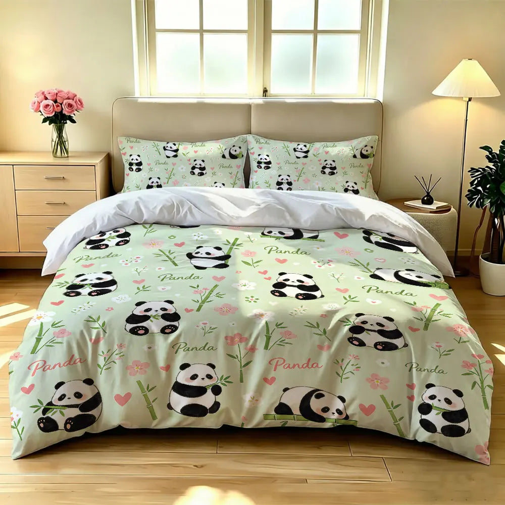 3pcs Cartoon Panda Print Coreless Duvet Cover Cool Summer Lightweight Bedding Set Multi Size Bedroom Bedding Decoration