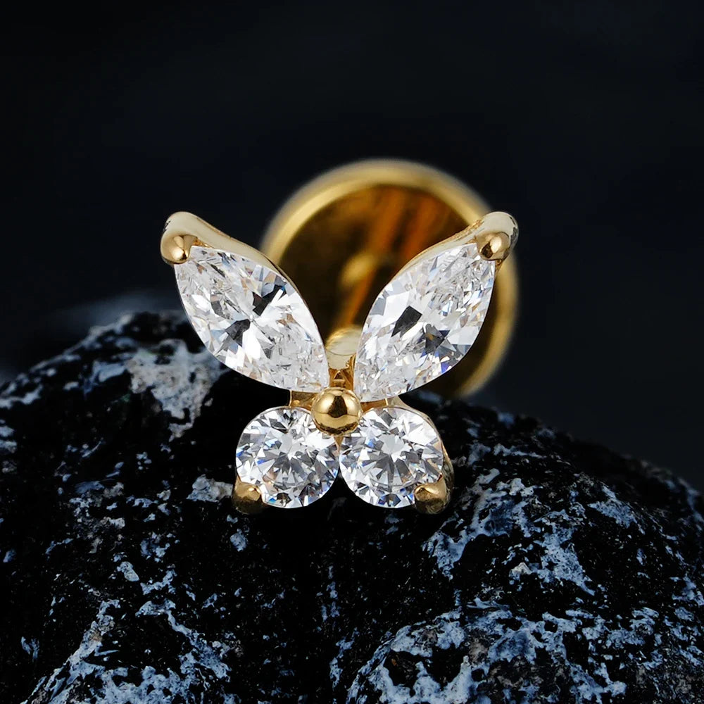 Right Grand ASTM F136 Titanium 16G Mini Butterfly CZ Labret Tragus Cartilage Conch Forward Helix Stud Nose Piercing Body Jewelry