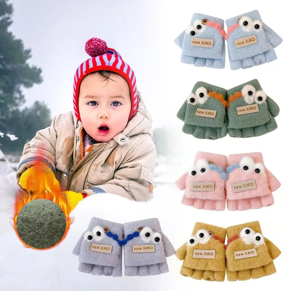 Cartoon Autumn Winter Gloves Cold Proof Windproof Baby Children Half Finger Flap Gloves Thickened Hand Warmer
