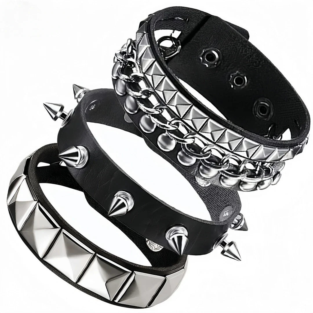 3Pcs/Set Vintage Emo Bracelets 3 Row Cuspidal Spikes Rivet Stud Wide Cuff PU Leather Punk Black Gothic Rock Unisex Accessories
