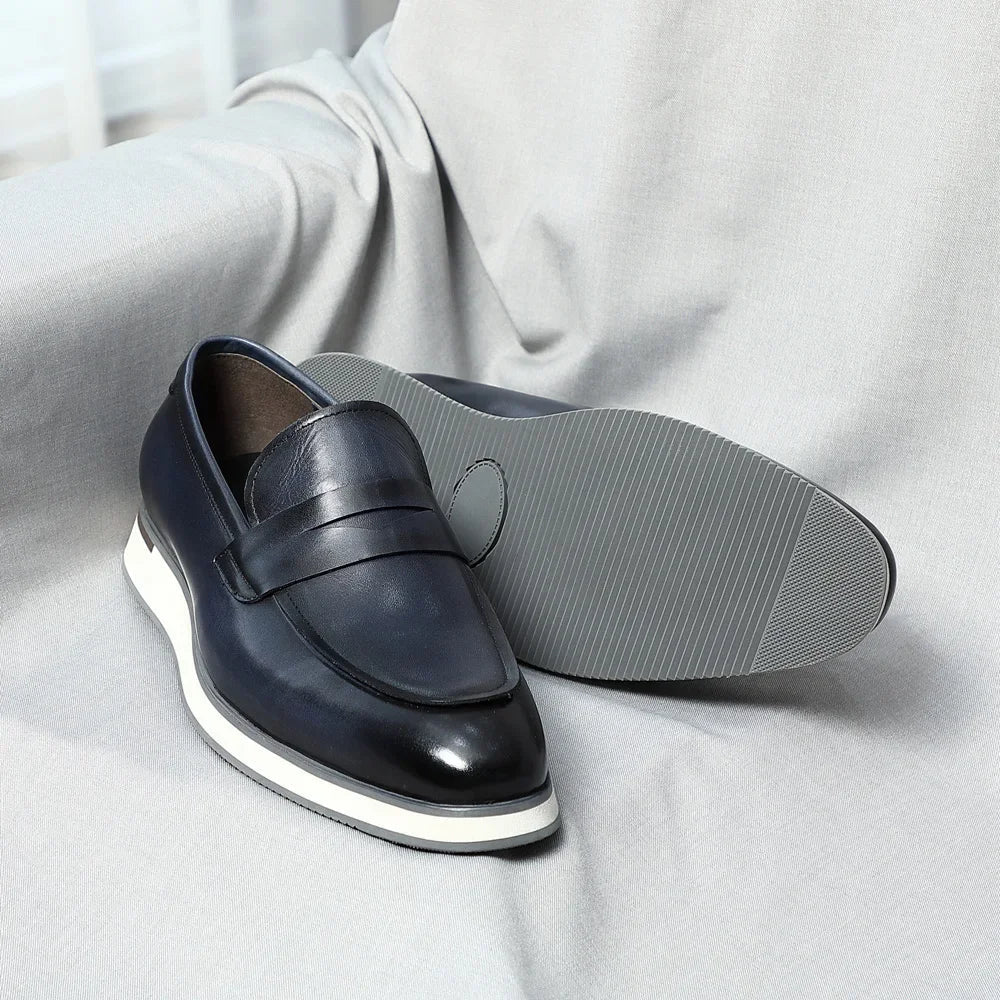 Classy Men's Genuine Cow Leather Penny Loafers | Blue & Black Casual Business Flats (Breathable)