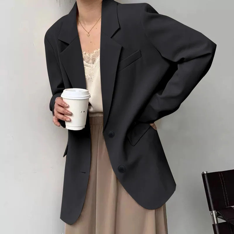 Mid Length Blazer Jacket Women Solid Long Sleeve Pocket Lapel Single Beasted Formal Coat Outerwear Loose Work Casual Blazers