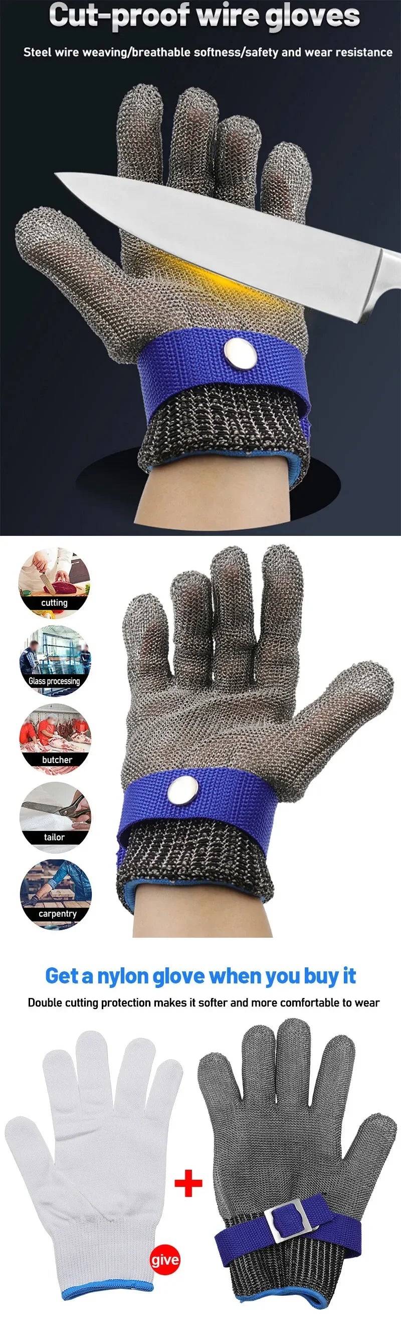 Stainless Steel Gloves Anti-cut Safety Cut Resistant Hand Protective Metal Meat Mesh Glove for Butcher Wire Knife Proof Stab