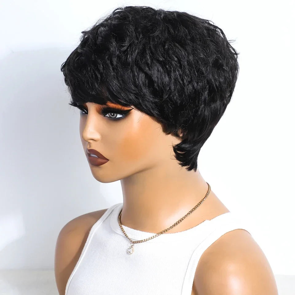 Rebecca Mixed Brown Pixie Cut Wig | Curly Side Part Brazilian Human Hair