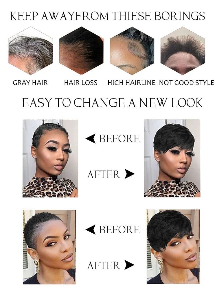 Short Pixie Cut Human Hair Wig with Bangs | Brazilian Remy, Machine Made