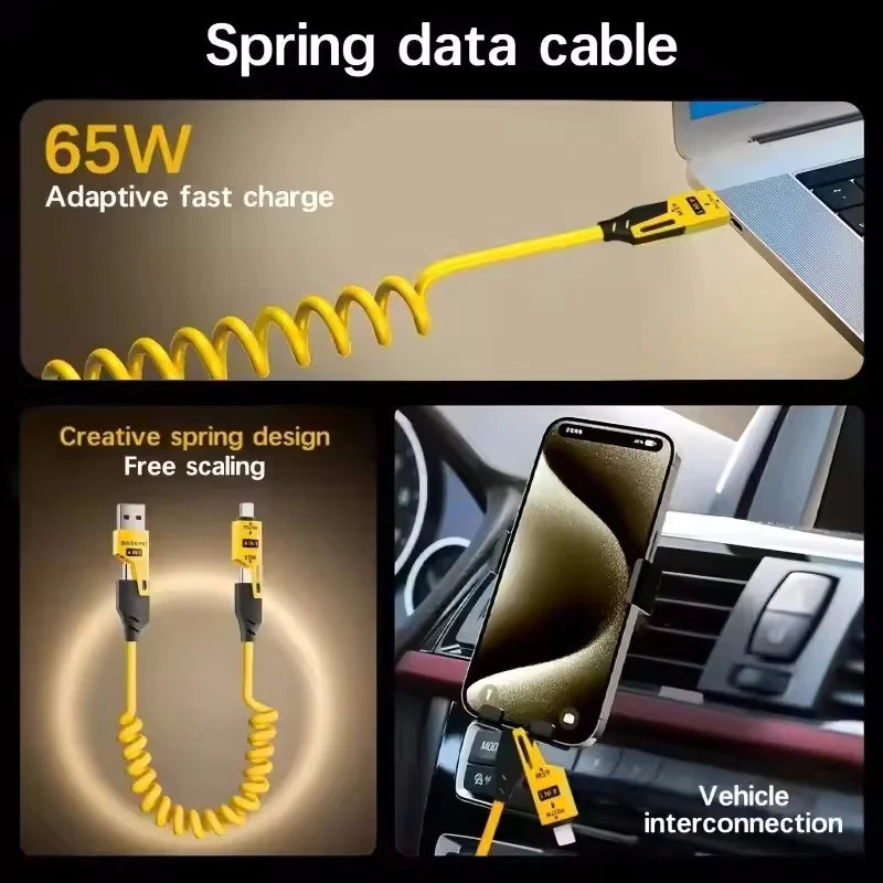 2PCS 4 in 1 65W Spring Short Data Cable 6A USB Type C Spring Telescopic Quick Charger Wire Spring USB Cable for IPhone15 141312
