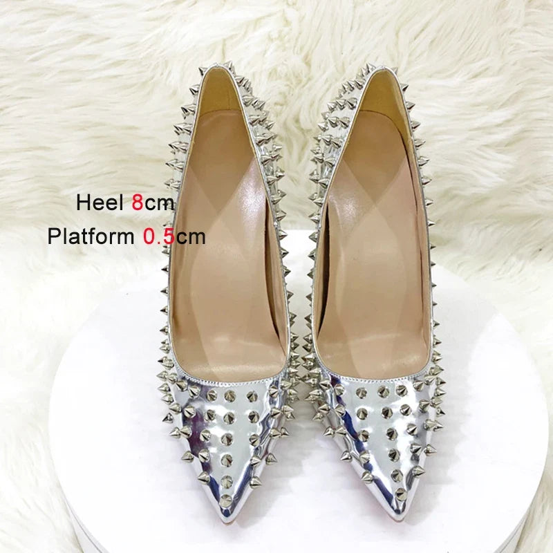 Women New Rivet High Heels 12CM Fashion Pointed Toe Party Single Shoes Europe And America Club Stage Pumps Silver Plus Size 43