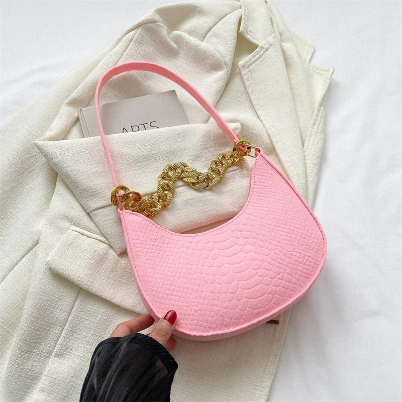 Fashion Women's Felt Handbag | Imitation Metal Chain Underarm Bag (Retro Ladies Solid Color Shoulder Bag, Trendy Casual Clutch Purse)