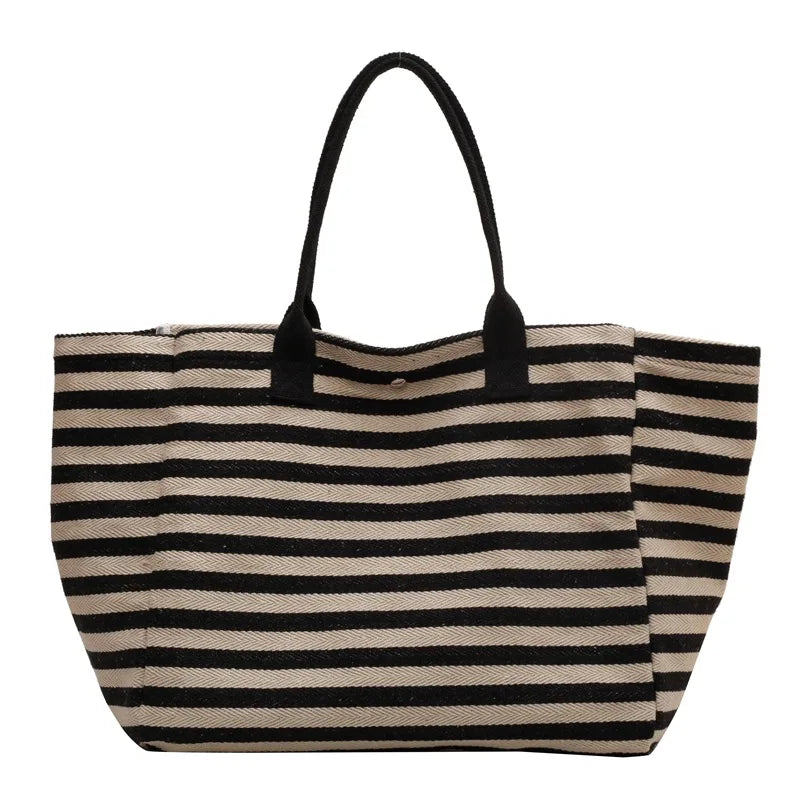 Casual Striped Canvas Bag for Women | Large Capacity Shoulder Bag & Daily Shopping Tote (Student Bookbag for School, Travel, Beach)