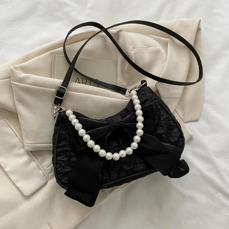 White Folds Pop Retro Bow Bag | Female Pearl Handle New Fashion Pearl Armpit Shoulder & Crossbody Bag