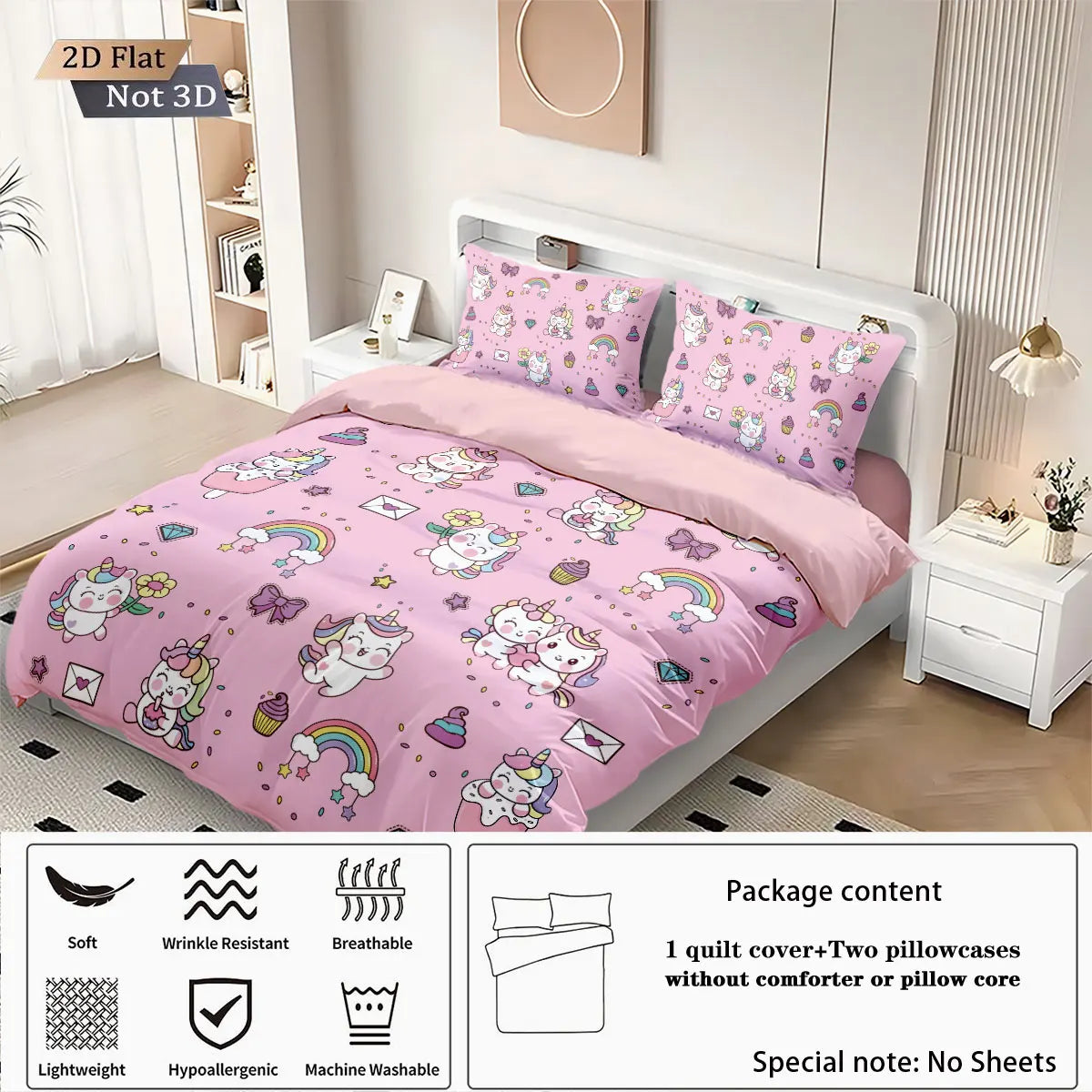 3pcs Cartoon Cute Unicorn Printed Coreless Down Duvet Cover Set, Multi Size Bedroom Bedding Decoration, Machine Washable