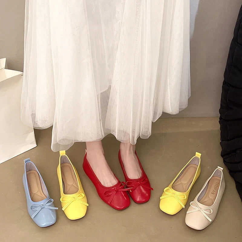 2026 Brand Women Flats Spring New Square Toe Bowknot Ladies Casual Ballet Shoes Big Size Slip on Soft Eelgant Dress Shoes 12457