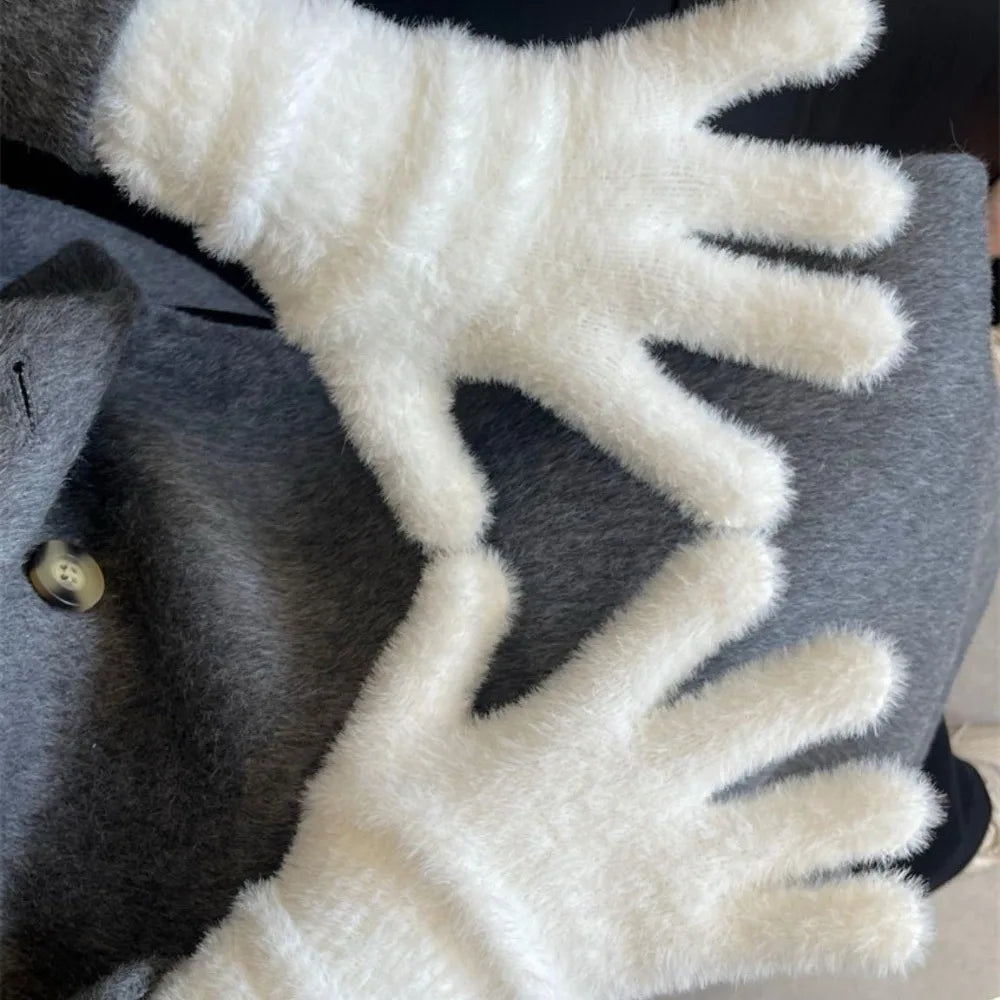 Fashion Winter Mink Velvet Five Finger Gloves Plush Warm Cold-proof Gloves Women Outdoors Cycling Solid Color Winter Gloves