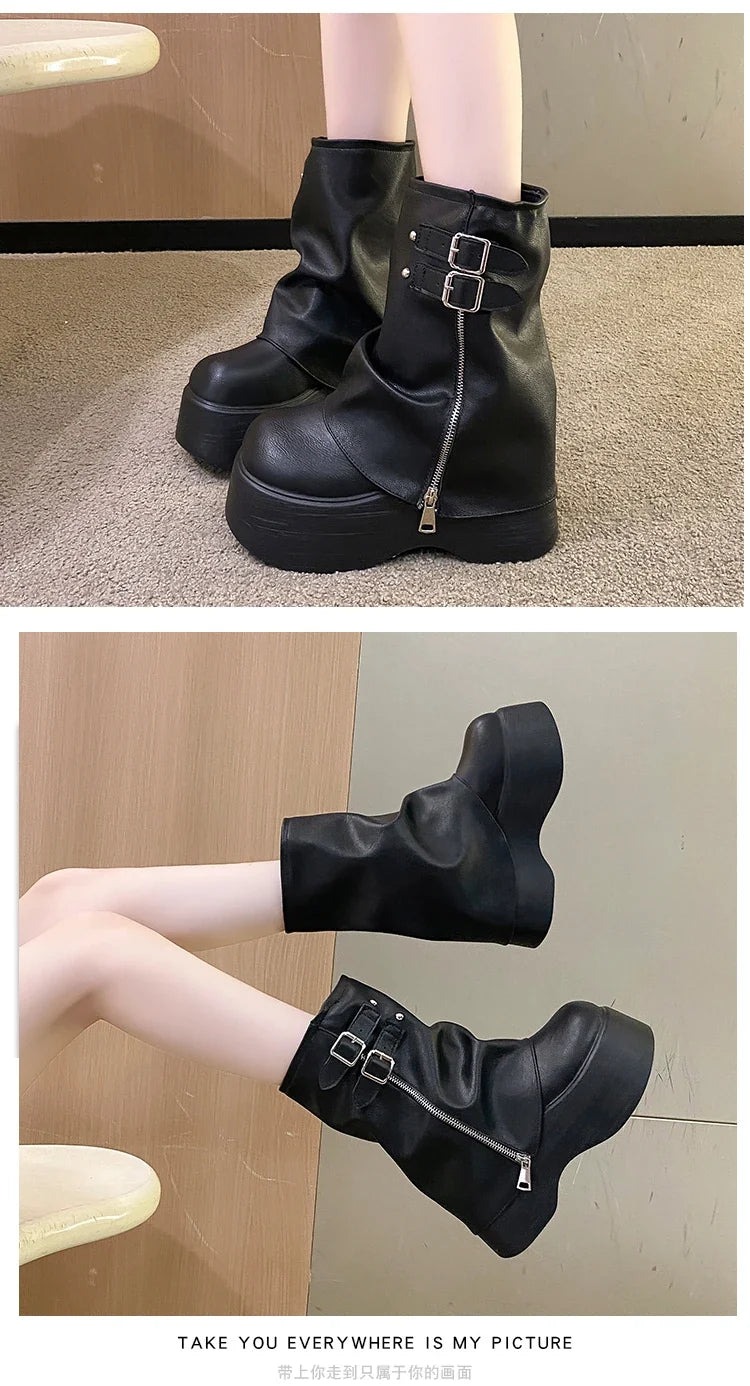 Soft Leather Ankle Mid Calf Boots Winter Autumn High Platform Wedge British Booties Woman New Ladies Chunky Motorcycle Boots 9CM