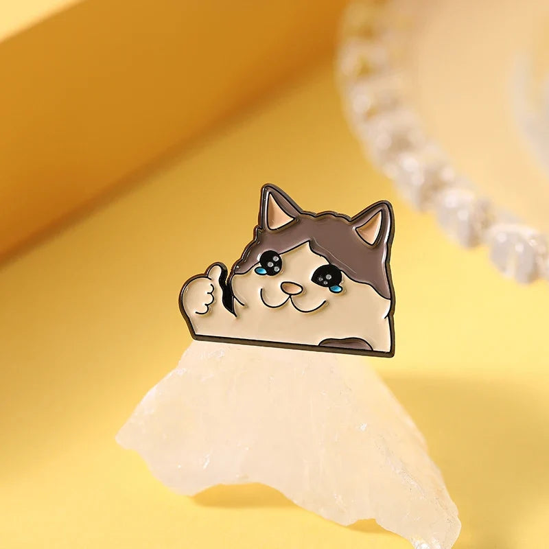 Thumb Up Crying Cat Enamel Pin Kawaii Humorous Animal Brooch Lapel Backpack Badge Funny Jewelry Gifts For Cat Lovers Friends