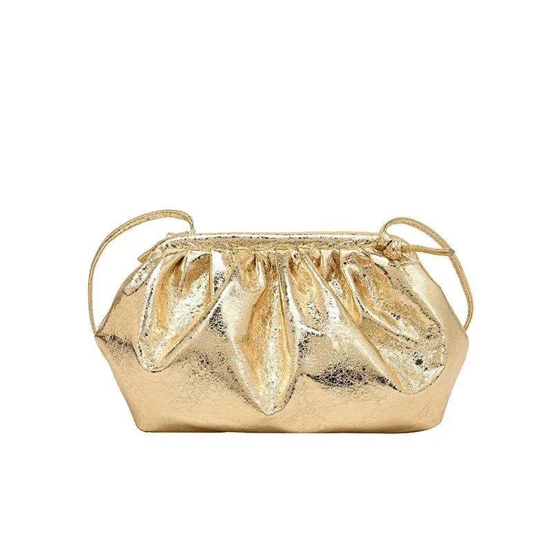 Small Luxury Design Women's Leather Silver Cloud Bag | Gold Crossbody & Ladies Party Clutch Purse (Sequined, Ruched Handbag)