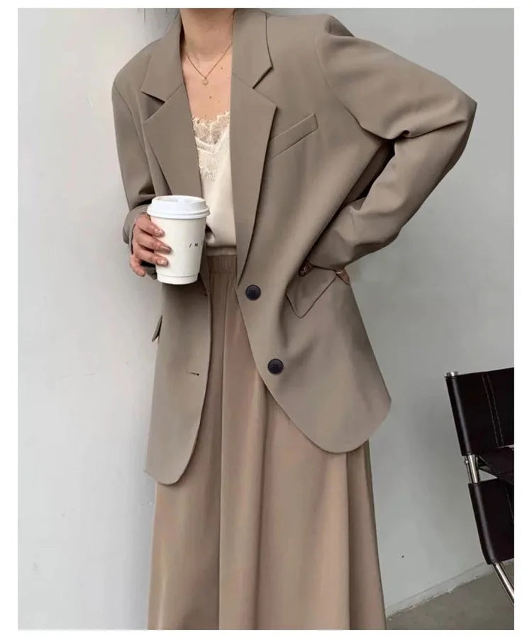 Mid Length Blazer Jacket Women Solid Long Sleeve Pocket Lapel Single Beasted Formal Coat Outerwear Loose Work Casual Blazers