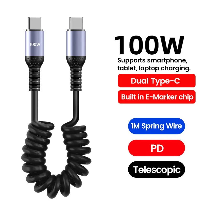 66W 100W Type C TO Type C Cable For iPhone 15 Huawei Xiaomi Samsung Car Spring Cable 6A Short Fast Charging USB C Cable