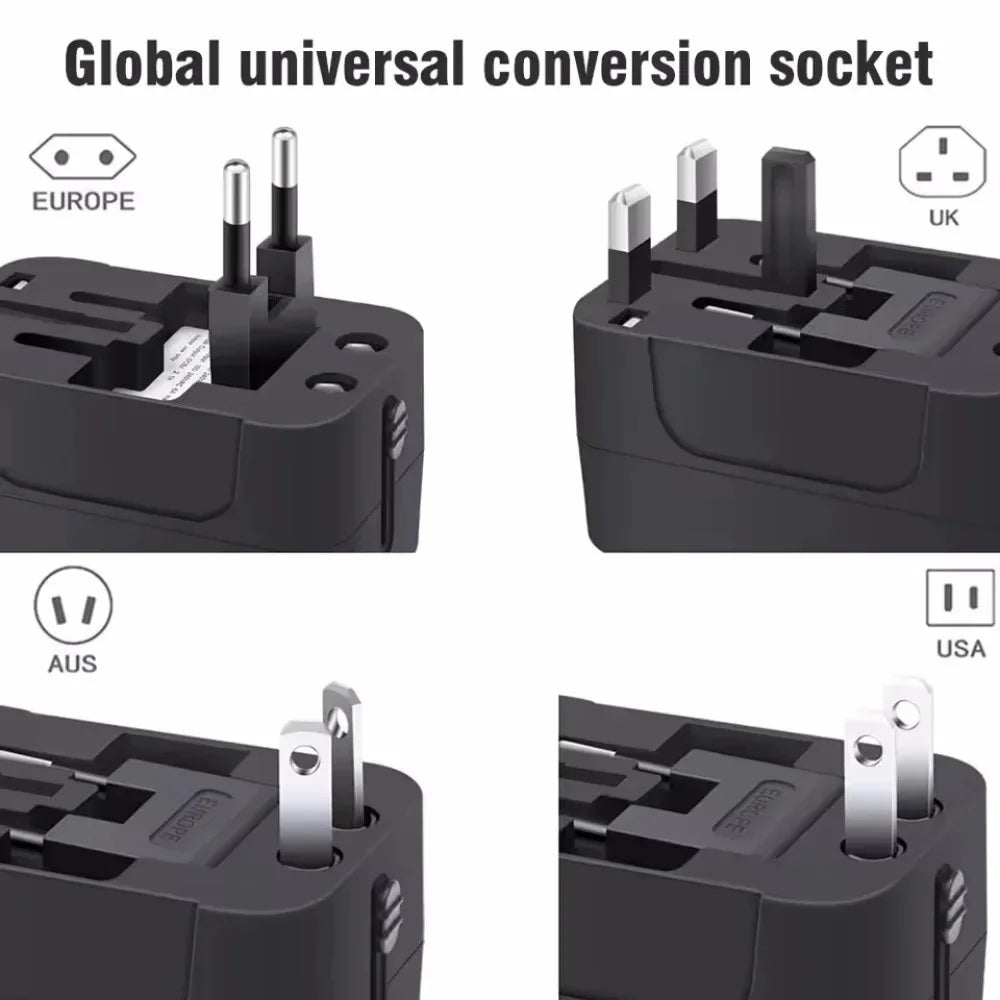 International Travel Plug Adapter EU US UK AU to Universal AC Power Converter Socket with 2 USB Ports Safety Shutter Locking