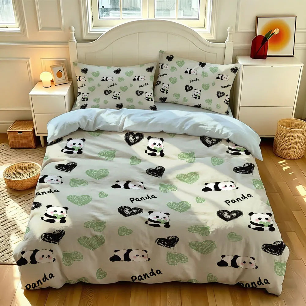 3pcs Cartoon Panda Print Coreless Duvet Cover Cool Summer Lightweight Bedding Set Multi Size Bedroom Bedding Decoration