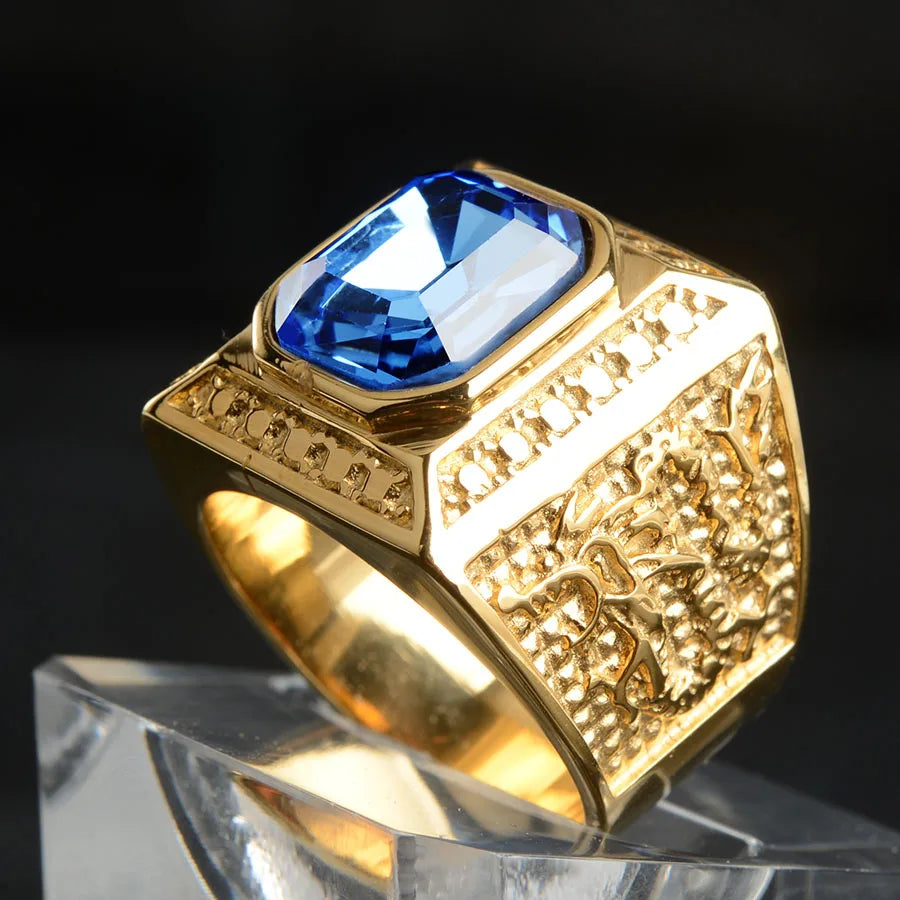 Keisha Lena Gold Plated Titanium Steel Inlay Red Blue Square Stone Men Ring Australian Gem Zirconia Wedding Ring Christmas Gift