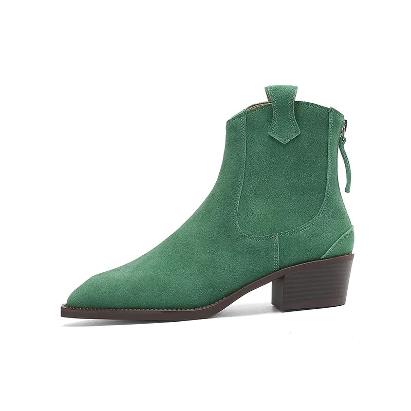 New 2025 Trend Autumn Winter Cow Suede Women Western Boots Black Brown Khaki Purple Green Burgundy Pointed Toe Lady Ankle Boots