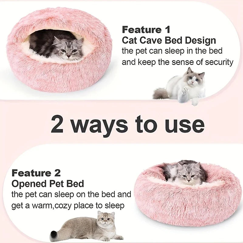 Plush Hooded Cat Cave Bed Round Semi‑Enclosed Shell Pet Nest Washable Anti‑Slip Warm All Season Sleeping Bed For Cats Small Dogs