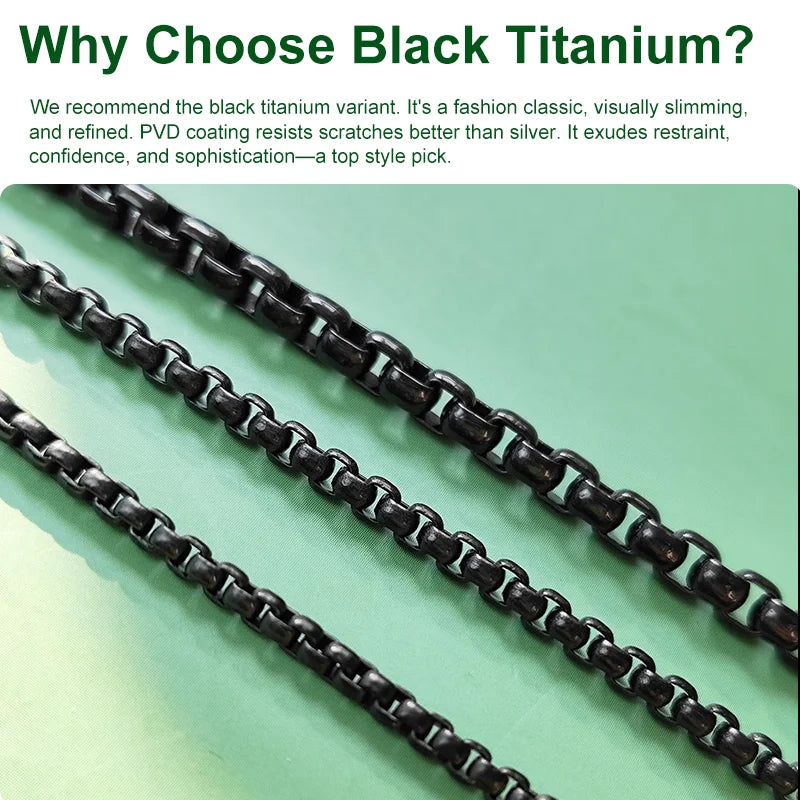 Pure Titanium Black Round Box Link Chain Necklace - 2.5/3/4mm Fashionable Gift Accessory
