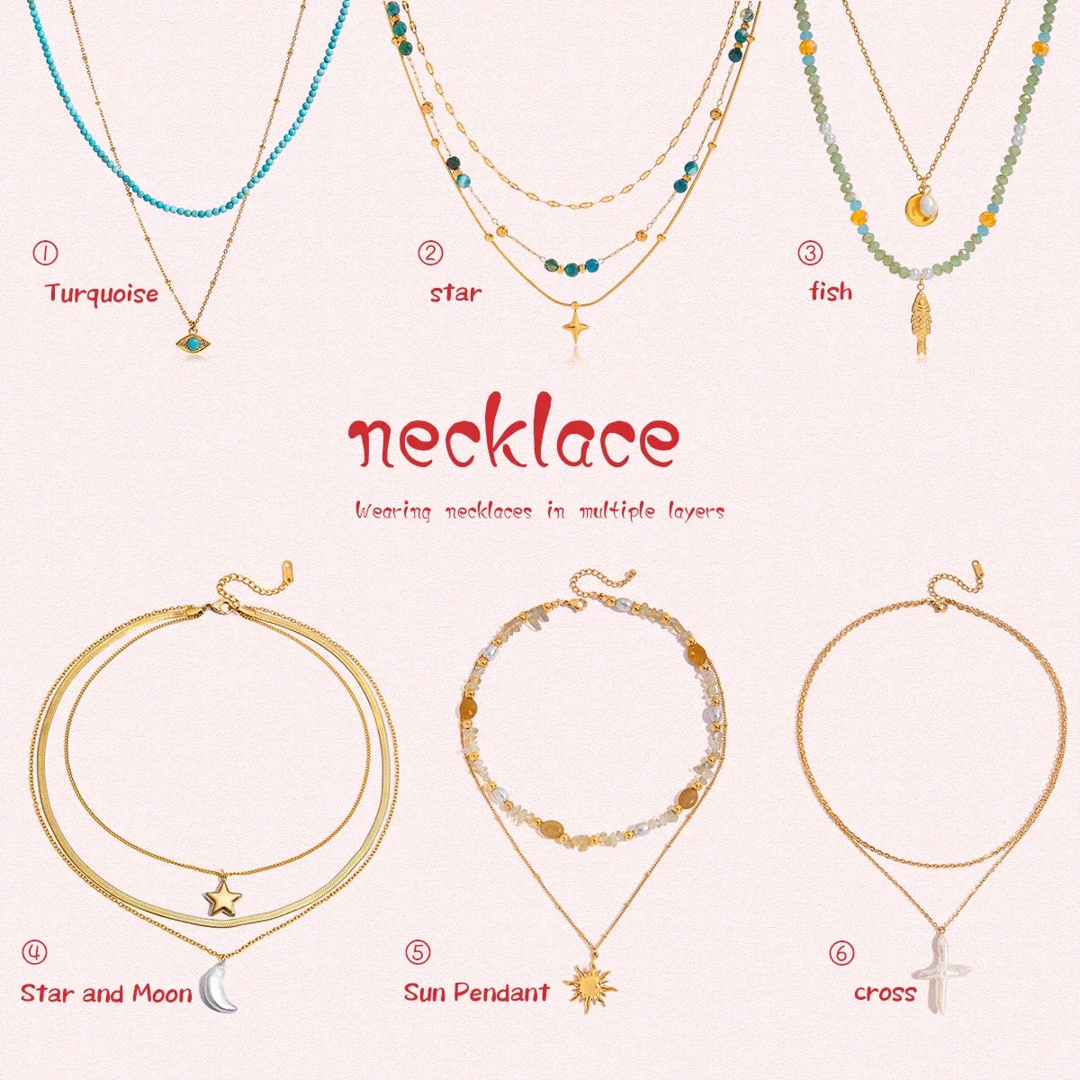 Zora Y2K Trendy 18K Gold Color Plated Sun Cross Fish Moon Pendant Multi Layer Necklace Waterproof Stainless Steel Women Jewelry