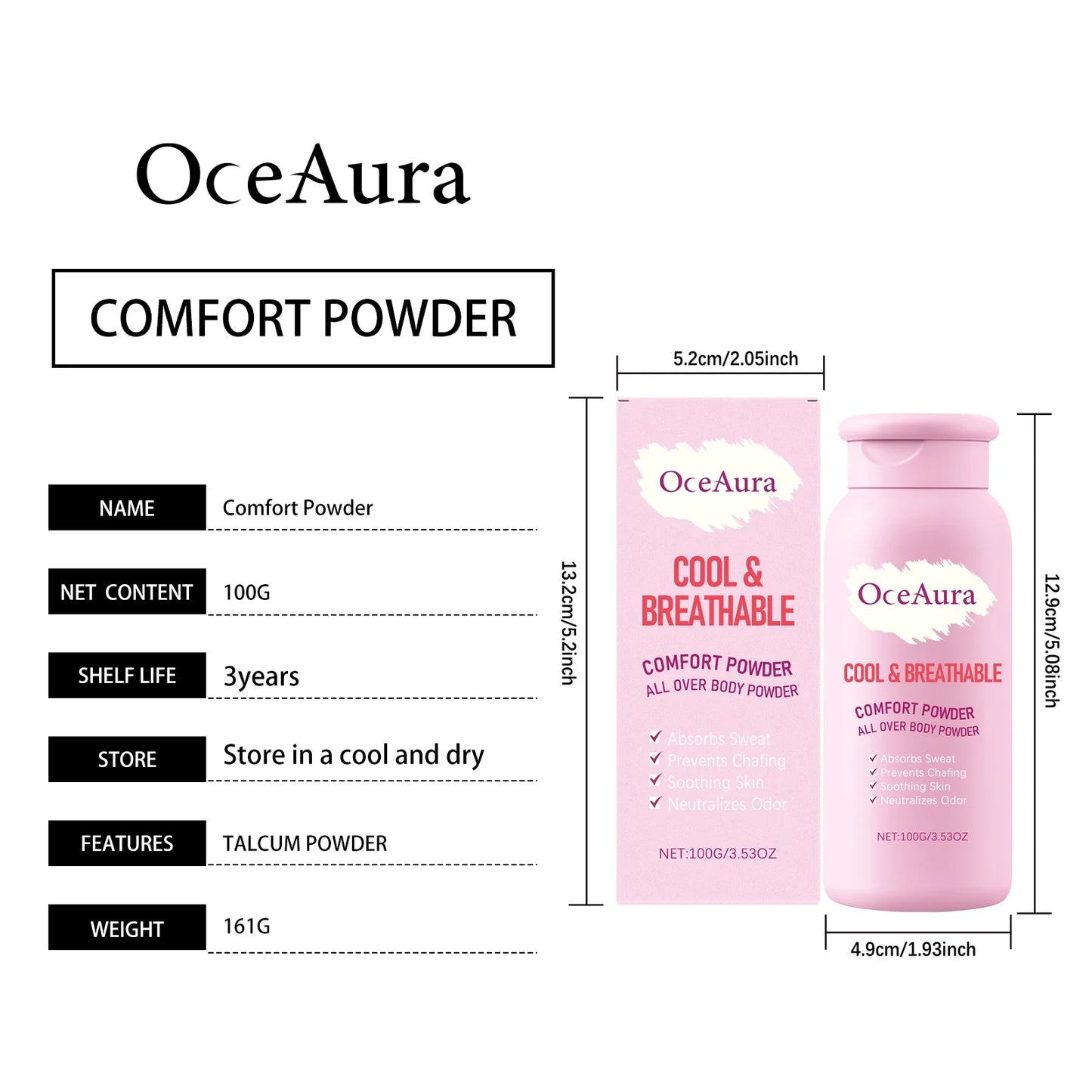 OceAura Body Powder Anti Sweat Armpit Groin Smooth Skin Soothing Comfortable Refreshing Odor Eliminator Anti Chafing Powder 100g