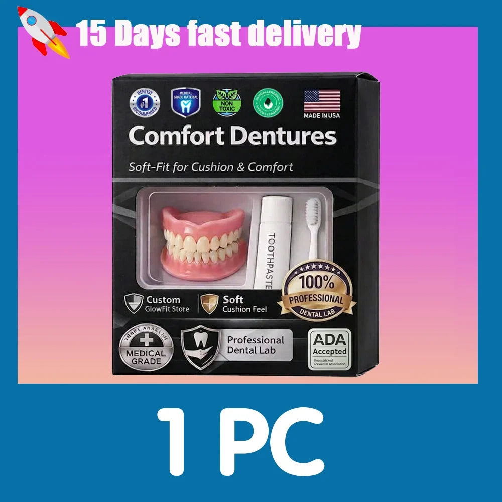 Temporary Adjustable Resin Full Dentures, Natural Bright White Smile, Easy Wear Cosmetic Dental Kit
