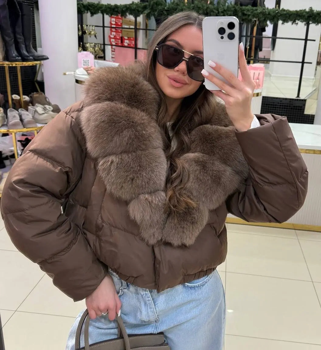 Luxury Thick Faux Fox Fur Collar Cropped Puffer Coat Women Oversized Lapel Zip Up Short Warm Windproof Winter Outerwear Jacket