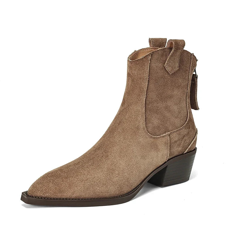 New 2025 Trend Autumn Winter Cow Suede Women Western Boots Black Brown Khaki Purple Green Burgundy Pointed Toe Lady Ankle Boots