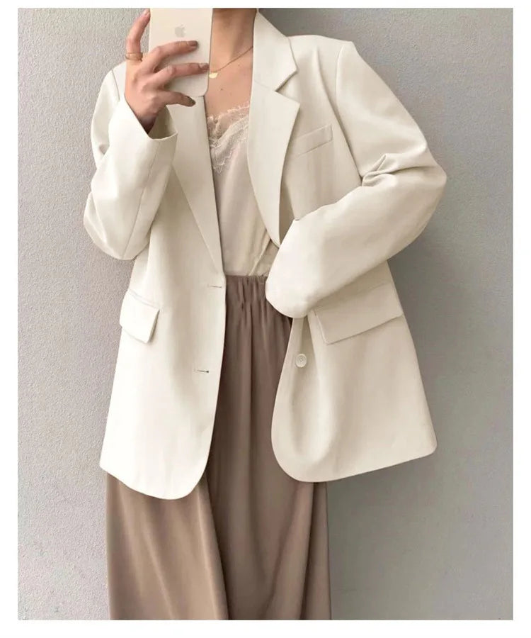 Mid Length Blazer Jacket Women Solid Long Sleeve Pocket Lapel Single Beasted Formal Coat Outerwear Loose Work Casual Blazers