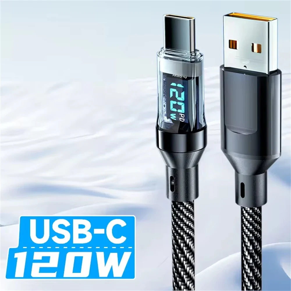 120W Super Fast Charging Cable Real-time Digital Display USB A to Type C Data Cable For iPhone Android Phones Universal