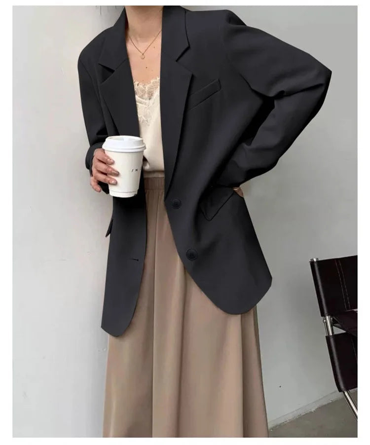 Mid Length Blazer Jacket Women Solid Long Sleeve Pocket Lapel Single Beasted Formal Coat Outerwear Loose Work Casual Blazers